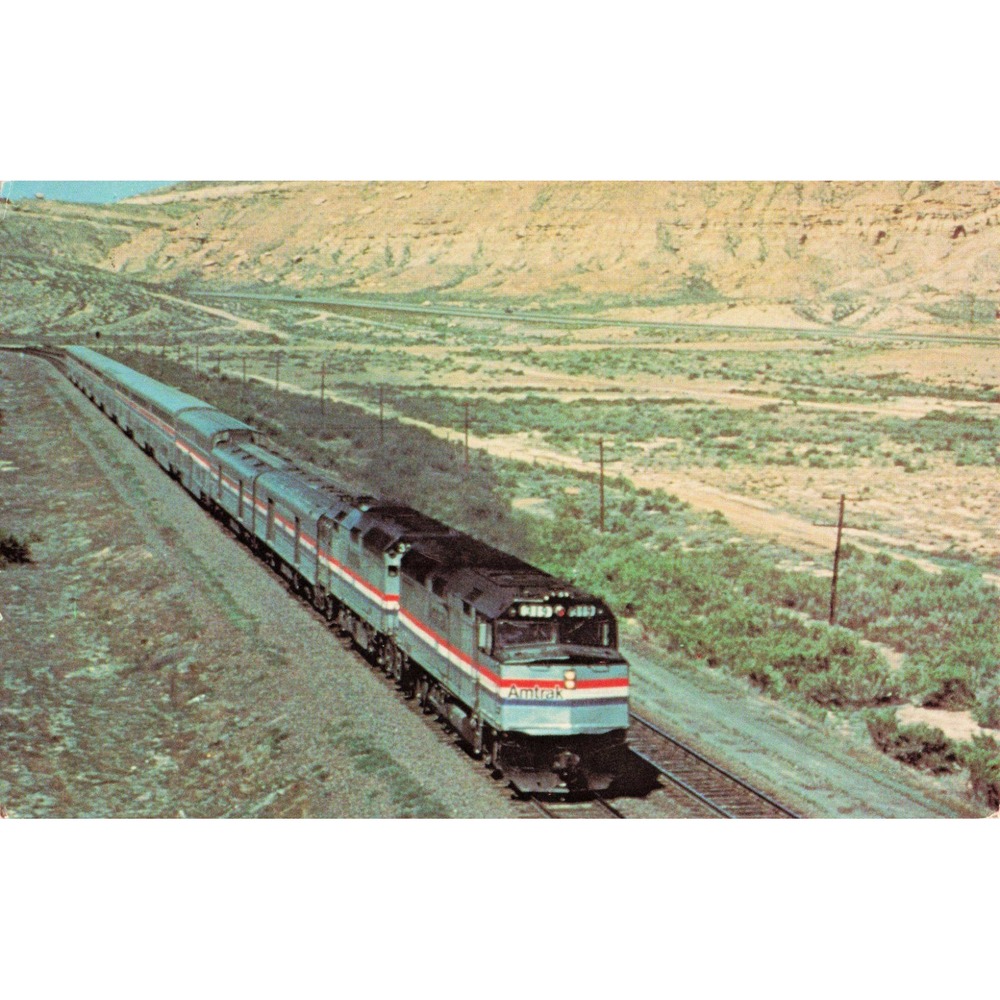 Vintage Amtrak San Francisco Zephyr Postcard F40PH Rock Springs Wyoming 1982